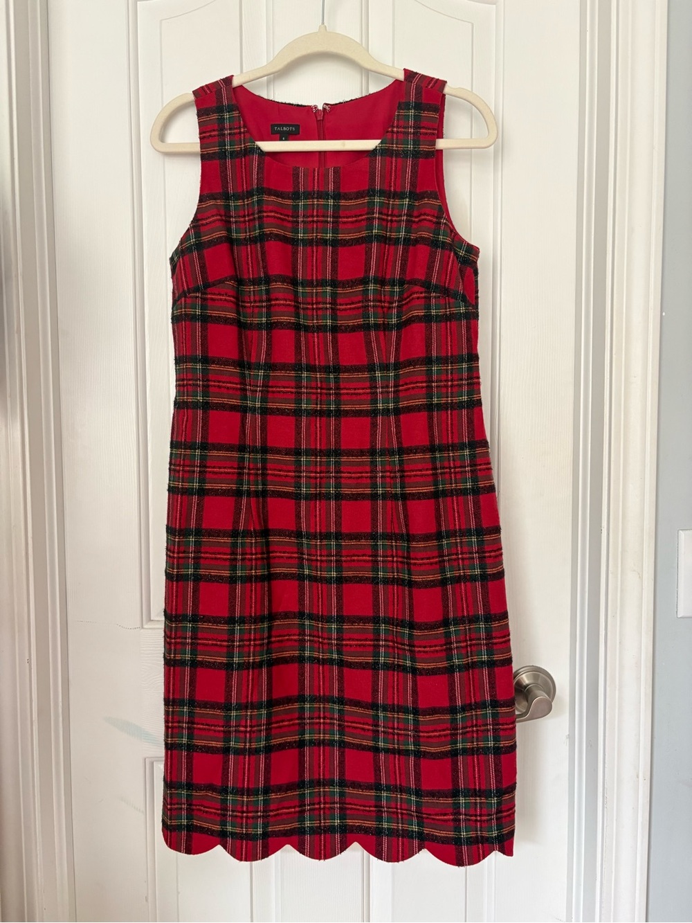 Talbots Red Plaid Sleeveless Dress with Scalloped Hem